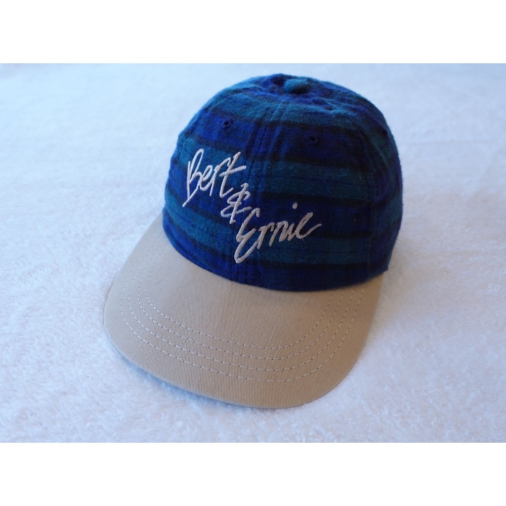 Vintage Y2K Sesame Street Bert & Ernie Hat Embroidered Plaid Wool‎ Blue Green OS